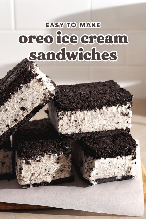 These homemade oreo ice cream sandwiches are easy to make and perfect to cool down with in the warmer months. They're made with a two ingredient oreo crust with a creamy no-churn oreo ice cream filling. #oreo #icecream #icecreamsandwich | teakandthyme.com Oreo Ice Cream Sandwich, Oreo Ice Cream, Ice Cream Mixture, Oreo Crust, Ice Cream Sandwiches, Cream Filling, Cream Sandwich, Vanilla Cookies, Icecream Bar