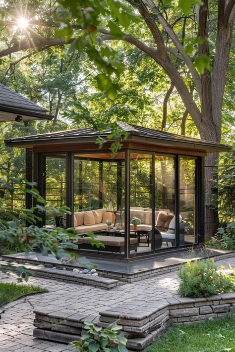 modern gazebo with glass walls Unique Gazebo, Glass House Garden, Glass Cottage, Unique Landscaping, Modern Gazebo, Screened Gazebo, Outdoor Gathering Space, Gazebo Ideas, Glass Pavilion