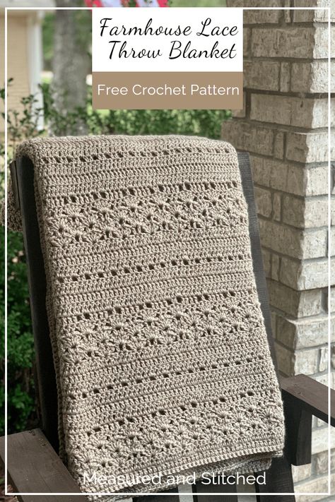 Free Crochet Throw Blanket Pattern - Crochet Blanket Pattern - Add farmhouse charm to your home with the Farmhouse Lace Crochet Throw Blanket! #crochet #freecrochetpattern #crochetblanket #crochethomedecor #farmhouse Crochet Throw Blanket Pattern, Rustic Throw Blanket, Autumn Leaves And Pumpkins Please, Crochet Throw Pattern, Throw Blanket Pattern, Christmas Throw Blanket, Fall Crochet Patterns, Crochet Afghan Patterns Free, Crochet Blanket Designs