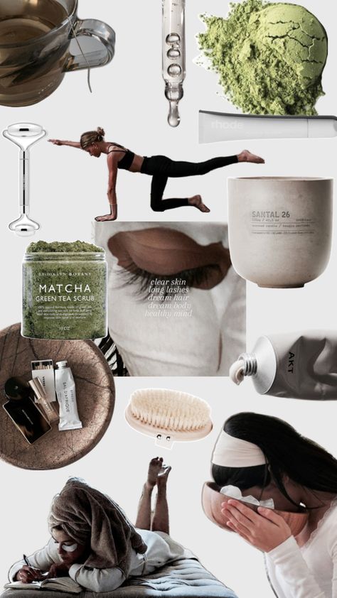 #selfcare #sunday #glowup #getready #workout #skincare #candle #scrub #tea #organic #lifestyle #aesthetic #inspo #matcha Matcha Skincare, Vision Collage, Indoor Rock Climbing, Easy At Home Workouts, Wellness Club, Organic Lifestyle, Lifestyle Aesthetic, Healthy Lifestyle Changes, Outdoor Yoga