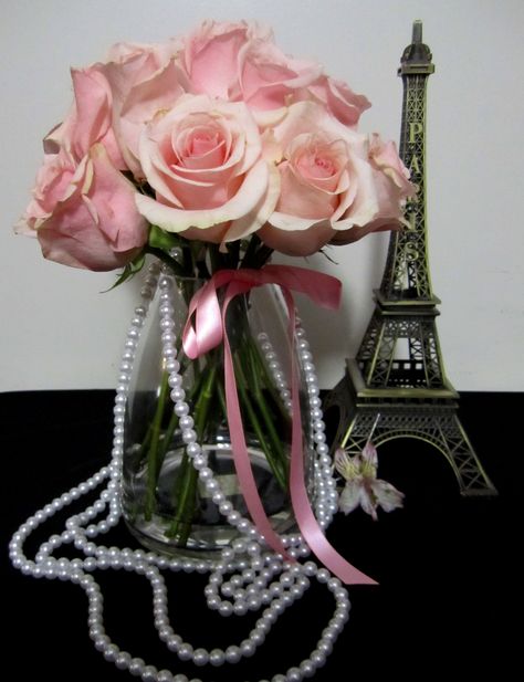 pink roses, pearls and Eiffel Tower for a Paris themed semi-formal; design by Davis Floral Creations #paristheme Paris Themed Dance Decorations, Paris Theme Table Decor, Parisian Themed Party Table Settings, Paris Table Decorations, Paris Themed Dance, Paris Decorations Party, Night In Paris Theme Party, Paris Party Ideas, Paris Theme Centerpieces