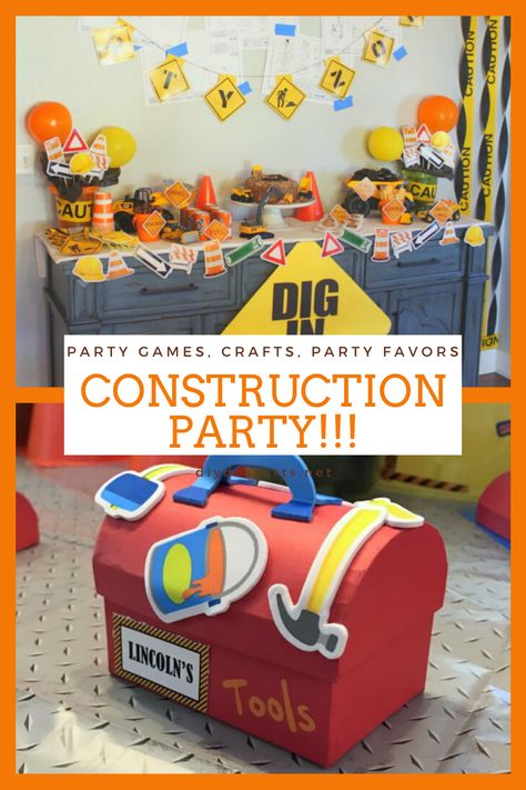 Ideas to have a themed party for a kid who likes construction. #kidsparty #birthdayparty #partyideasConstruction party games, crafts, and party favors. Construction Party Games, Construction Party Ideas, Construction Birthday Party Ideas, Construction Themed Birthday Party, Construction Party Favors, Construction Party Decorations, Bday Themes, Construction Theme Birthday Party, Construction Theme Party