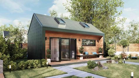 Modern prefab ADU with pitched roof and large bi-fold door with deck and bench Modern Farmhouse Adu, Detached Adu Ideas, Adu Building, Studio Adu, Mil Suite, Adu Ideas, Kitchen Cabinet Interior, Accessory Dwelling Unit, Inside Interiors