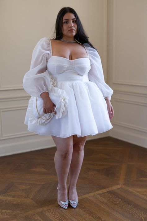 The Ivory Carousel Dress White Plus Size Dresses Formal, Plus Size Puff Dress, Plus Size Bachelorette Outfit For Bride, Reception Dress Plus Size, Plus Size Short Wedding Dress, Simple Courthouse Wedding Dress, White Dresses Plus Size, Elopment Dresses, Courthouse Wedding Dress Plus Size