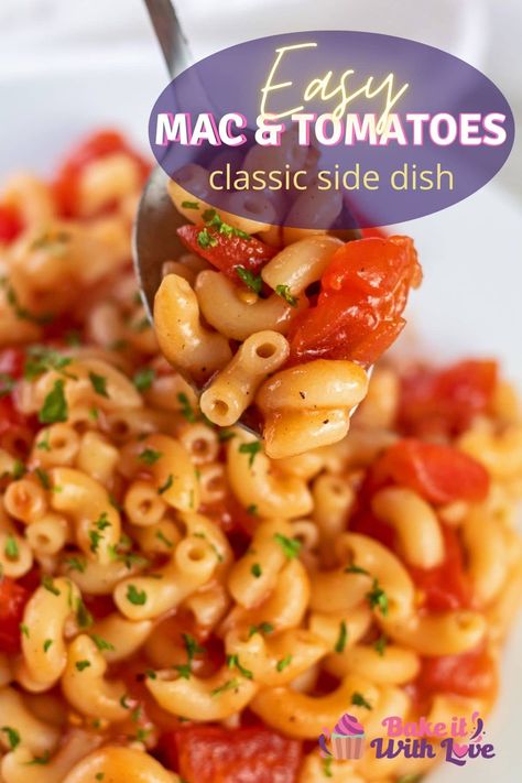 Tasty macaroni and tomatoes spooned from white pasta bowl. Side Dishes With Elbow Macaroni, Macaroni And Canned Tomatoes, Southern Macaroni And Tomatoes, Tomato Macaroni Soup Recipe Vegetarian, Baked Macaroni With Tomato Sauce Pasta Dishes, Macaroni And Bacon Recipe, Macaroni Tomato Recipes, Sweet Tomatoes Recipes, Elbow Pasta Side Dishes Easy