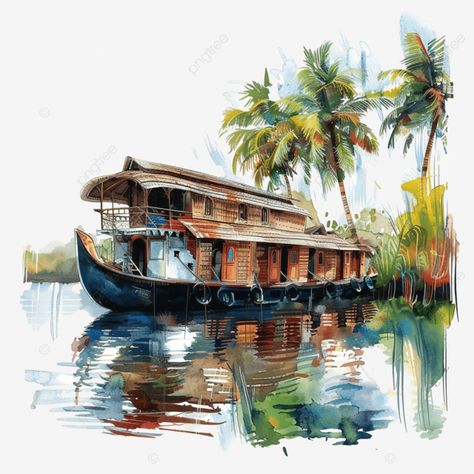 kerala house boat in backwater color design Onam Festival Kerala, Kerala Images, House Boat Kerala, Kerala Trip, Kerala Backwaters, Onam Festival, Boat Illustration, Kerala House, Kerala House Design