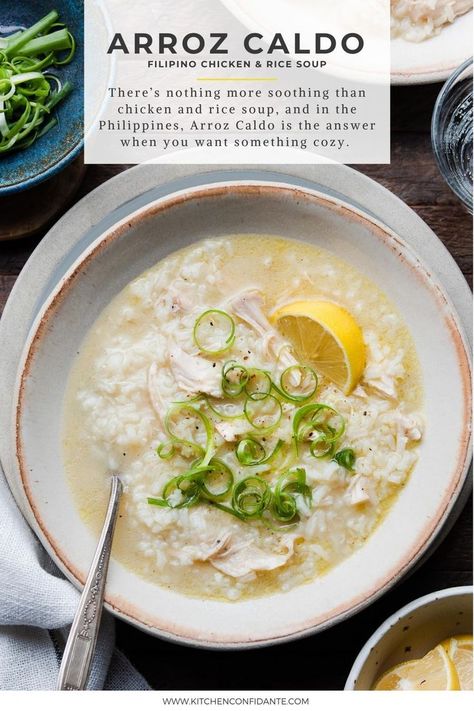 Chicken Arroz Caldo, Filipino Beef Stew, Filipino Soup Recipes, Caldo Recipe, Easy Filipino Recipes, Rice Soup Recipes, Chicken Rice Soup, Soup Kitchen, Filipino Dishes