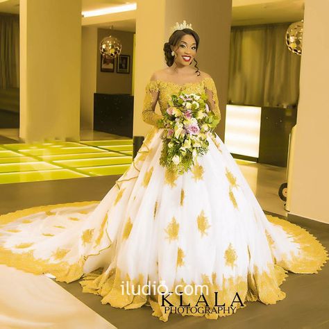 Style 8 - April by Kunbi Wedding Dress | Iludio Tiara And Veil, Gold Lace Wedding Dress, African Wedding Dresses, Bride And Her Bridesmaids, African Bridesmaid Dresses, African Traditional Wedding Dress, Nigerian Bride, African Lace Styles, Wedding Dress Organza