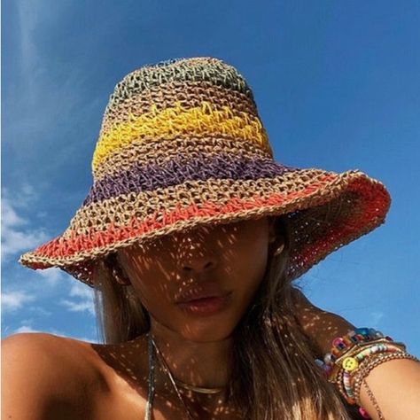 Vintage crochet hat Floppy Hat Summer, Beach Bucket Hat, Girls Sun Hat, Rainbow Hats, Straw Hat Beach, Summer Hats For Women, Crochet Bucket Hat, Sun Hats For Women, Moda Vintage