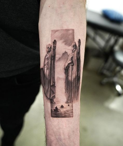 The Lord Of The Rings Canada booking open🇨🇦 | Instagram Moria Tattoo Lord Of The Rings, Lotr Tattoo Men, The Argonath Tattoo, Legolas And Gimli Tattoo, Lord Of The Rings Sauron Tattoo, Rings Of Power Tattoo, Lotr Ent Tattoo, Minas Tirith Tattoo, Leaves Of Lorien Tattoo