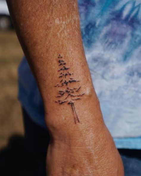 Douglas Fir Tattoo Oregon, Oregon Tattoo Ideas For Men, Nature Themed Sleeve Tattoo Patchwork, Men Nature Tattoo Ideas, Doug Fir Tattoo, Arborist Tattoo Ideas, Red Pine Tattoo, Sequoia Tree Tattoo Simple, Outdoor Tattoos For Men Forearm