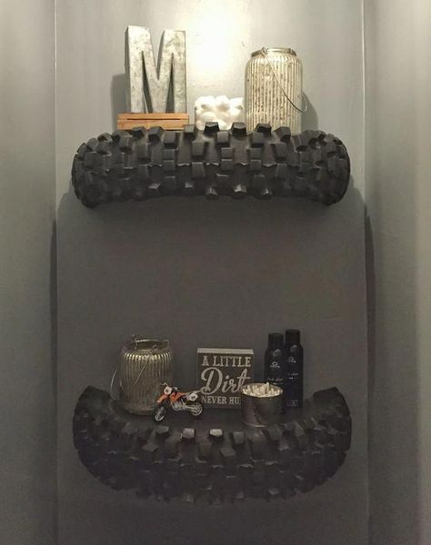 Get ready for planning out that special place for him with these epic man cave DIY ideas! Surprise him for his birthday or Christmas present. #ManCave Tire Shelves, Motocross Bedroom, Dirt Bike Room, Crafts Presents, Gerobak Dorong, Man Cave Bathroom, Car Man Cave, Ultimate Man Cave, Man Cave Room