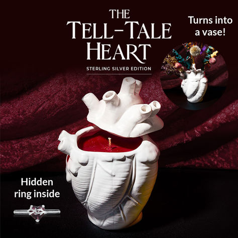 Edgar Allen Poe fans will love our Tell-Tale Heart Candle that turns into a VASE and has a HIDDEN RING inside!! The ultimate collectible and wonderful gift idea, this one of a kind Fragrant Jewels offering is an FJ exclusive and includes one of several custom designed sterling silver rings. Gothic Gift Ideas, Edgar Allen Poe Aesthetic, Hidden Ring, Jewel Candles, The Tell Tale Heart, Gordon Lightfoot, Aesthetic Candle, Fragrant Jewels, Edgar Allen