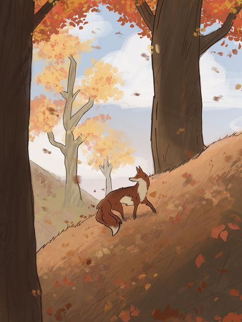 Fox Forest Illustration, Red Fox Therian Art, Fox In Forest Illustration, Red Fox Therian Wallpaper, Fox From Behind, Drawing Autumn Leaves, Aesthetic Fall Posters, Fall Fox Drawing, Fox Aesthetic Drawing