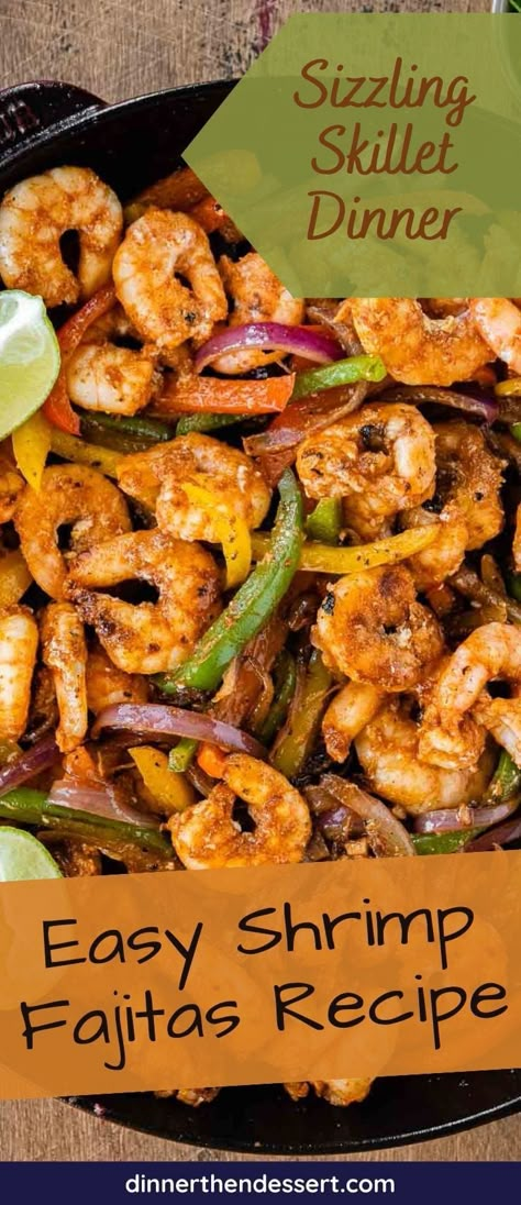 Skillet Shrimp Fajitas recipe with plump shrimp, peppers and onions in homemade fajita seasoning. Make these easy fajitas for dinner tonight! Shrimp Fajitas Seasoning, Steak And Shrimp Fajitas Skillet, Shrimp Steak Fajitas, Fajita Recipe Shrimp, Shrimp Fajitas Air Fryer, Fresh Shrimp Recipes Dinners, Best Shrimp Fajitas Recipe, Shrimp Fajitas Skillet, Shrimp Peppers And Onions