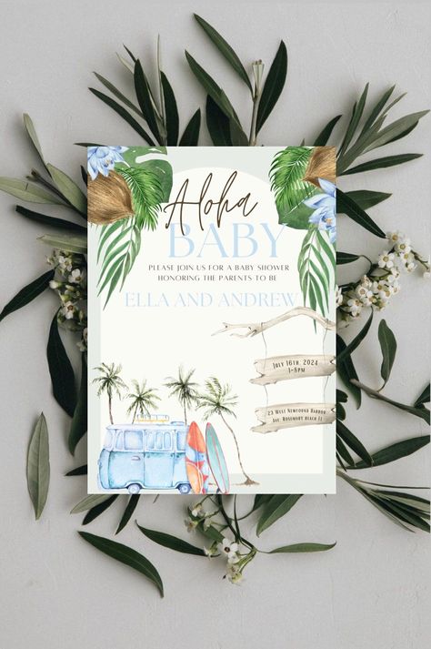 "Aloha baby shower invitation template. 5 by 7 inch template can be changed. View the pictures on the listing for a \"how it works\" step by step and you will also find a \"what can I edit\" page for more information. NOTE I will always get back with you before 24 hours and send your product before that deadline.  NOTE you will receive the link within 24 hours of purchasing in etsy messenger. You will be using canva to edit your design unless you request me to do it for you. Canva is free to use Hawaiian Baby Shower Theme Boy, Tropical Baby Shower Boy, Aloha Baby Shower Ideas Boy, Island Theme Baby Shower Ideas, Luau Baby Shower Ideas Boys, Aloha Baby Shower Ideas, Hawaiian Baby Shower Theme, Luau Baby Shower Ideas, Tropical Baby Shower Ideas