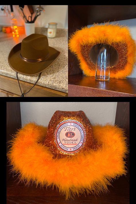 Walmart & Hobby Lobby for materials! Tito’s Cowgirl Hat, Titos Alcohol Cowboy Hat, Liquor Hats Diy, Cowgirl Hat Alcohol, Alcohol Themed Cowboy Hats, Tito’s Cowboy Hat, Tito’s Halloween Costume, Liquor Cowboy Hats Diy, Titos Vodka Halloween Costume