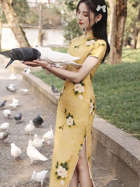 Yellow Floral Tea-Length Qipao / Cheongsam Dress - CozyLadyWear Chinese Gown, Vietnam Dress, Chinese Clothes, Yellow Clothes, Chinese Style Dress, Qipao Cheongsam, Custom Made Clothing, Cheongsam Dress, Floral Tea