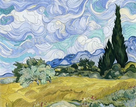 Wheat Field with Cypresses (1889-1890) by Vincent van Gogh : adult coloring page | free image by rawpixel.com / manotang Famous Art Coloring, Van Gogh Coloring, Wheat Field With Cypresses, Japanese Woodcut, Van Gogh Painting, Starry Night Art, Vincent Van Gogh Paintings, Free Illustration Images, Asian Painting