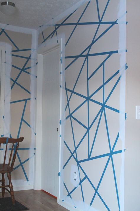 DIY Painter's Tape Accent Wall | The Spiffy Cookie Tape Accent Wall, Painters Tape Design Wall, Painters Tape Design, Geometric Wall Paint, Wall Paint Patterns, Penthouse Living, Tape Wall, Diy Wall Painting, Accent Wall Paint