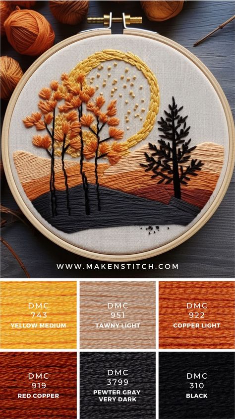 Embroidery Patterns Tutorials, Free Hand Embroidery Patterns, Stitch Palettes, Free Hand Embroidery, Sunset Color Palette, Color Knowledge, Copper Light, Cross Stitch Floss, Scrapbook Organization