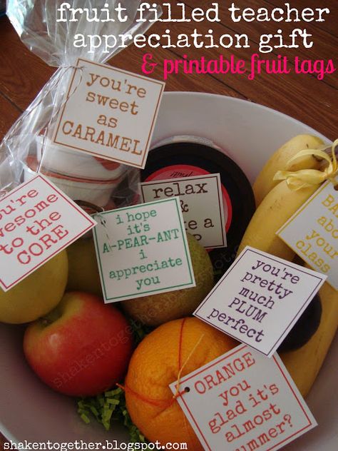 shaken together: {create this} fruit filled teacher appreciation gifts & printable fruit tags Fruit Basket Ideas, Teacher Appreciation Tags, Teachers Appreciation Week Gifts, Fruit Basket Gift, Volunteer Appreciation, Fruit Gifts, Staff Appreciation, Teacher Appreciation Week, Printable Tags