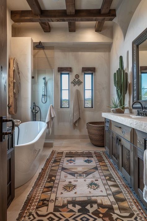 And All Shall Be Well Modern Ranch Bathroom, Southwest Bathroom Ideas, Hacienda Style Bathroom, Ranch House Bathroom, Hacienda Style Homes Interiors, Hacienda Bathroom, Southwest Bathroom, Southwestern Bathroom, Southwest Interior