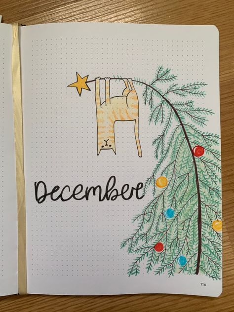 #bulletjournal #bulletjournaling #bulletjournalideas #bulletjournalinspiration #bulletjournaldoodles #bullet #bujo #bujoideas #bujoinspiration #bulletjournalcommunity #cover #christmas #cat December Journal Ideas Cover, December Dot Journal Ideas, Bujo December Cover, December Journal Cover, Winter Journal Ideas, Bullet Journal December Cover, Bullet Journal Ideas December, December Bullet Journal Cover, Bujo Christmas