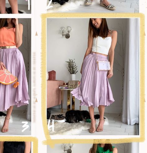 Sydne Style shows how to wear a pleated skirt for spring and summer fashion Purple Pleated Skirt Outfit, Lavender Skirt Outfit, Pink Pleated Skirt Outfit, Pleated Maxi Skirt Outfit, How To Wear A Pleated Skirt, Pleated Skirt Outfit Ideas, Purple Skirt Outfit, Midi Skirt Outfits Summer, Pleated Midi Skirt Outfit