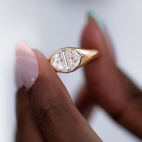 Kate Engagement Ring, Signet Engagement Rings, Trillion Cut Ring, Diamond Signet Ring, Stone Facade, Modern Engagement Rings, Baguette Cut Diamond, Jewelry Lookbook, Put A Ring On It