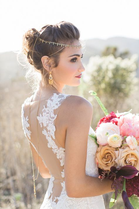 Backless Lace Wedding Dress and a Gold Bridal Headpiece | Carlie Statsky Photography | Luxe Bohemian Wedding in Jewel Tones Barbra Palvin, Illusion Lace Wedding Dress, Vogue Art, Bohemian Headpiece, Wedding Hairstyles And Makeup, Backless Lace Wedding Dress, Wedding Hairpiece, Palvin Barbara, Jewel Tone Wedding