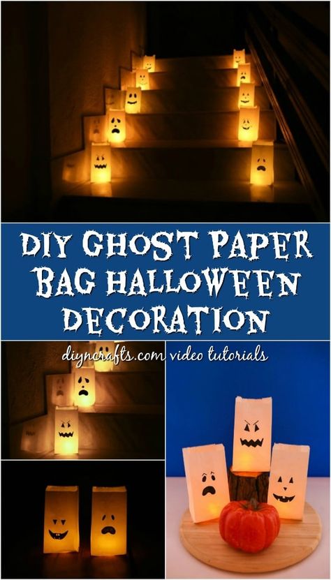 DIY Halloween Ghost Luminary Bags Decoration - Grab your paper bags, markers, and candles to throw together this fast and fun Halloween luminary bags idea! Safer than traditional and so fun to add to your pathway! Halloween Paper Sack Crafts, Paper Bag Halloween Luminaries, Halloween Luminaries Walkways, Paper Bag Lanterns Halloween, Paper Bag Halloween Decorations, Diy Halloween Luminaries Outdoor, Paper Bag Jack O Lantern, Halloween Crafts Paper Bags, Decorating Halloween Bags