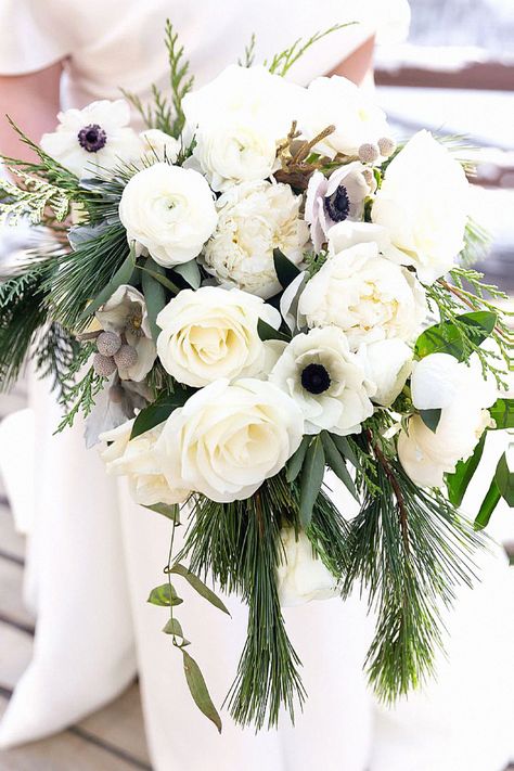 One seasonal bouquet feels stunning for any bride. Speaking from experience, this bouquet will complement any winter ceremony. Keep that to your winter wedding inspiration. Winter Bouquet Wedding December, White And Green Winter Wedding Bouquet, Winter White Wedding Flowers, Winter Wedding Bouquet Evergreen, Winter Bride Bouquet, Green Winter Wedding, Whimsical Winter Wedding, Winter Ceremony, Winter Bridal Bouquets