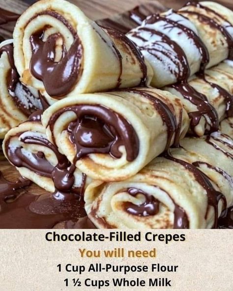 cooking with me | Chocolate-Filled Crepes 🤩😍 | Facebook Chocolate Filled Crepes Recipe, Chocolate Filled Crepes, Filled Crepes, Dinner Crepes, Sweet Crepes Recipe, Banana Crepes, Paris Tea, Crepe Recipe, Chocolate Crepes