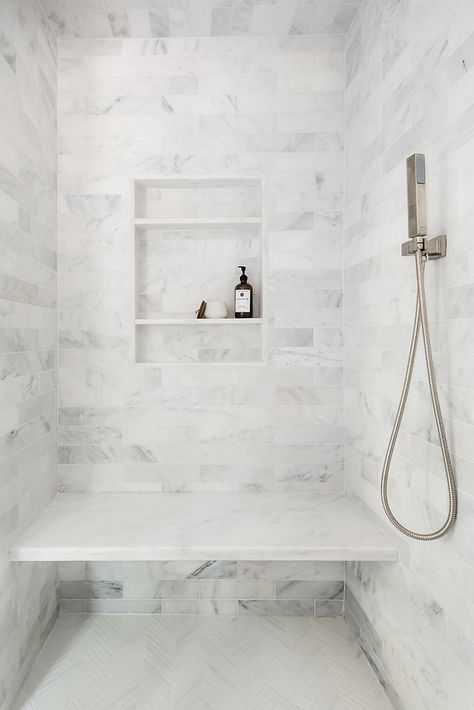 partridge hill | zplusinteriors Shower With Alcove, Shower Niche Over Bench, Niche Above Shower Bench, Shower Niche Above Bench, Bathroom Shower Niches, Steam Shower Bench, Bench In Shower Ideas, Master Shower Niche Ideas, Shower Alcove Ideas