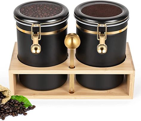 Amazon.com: Yangbaga 304 Stainless Steel Coffee Containers with Shelf,2 x 66 oz Coffee Bean Storage Jar with Gold Airtight Locking Clamp 、 Spoon, Large Capacity Food Storage Jar for Kitchen : Everything Else Coffee Bean Storage, Wooden Storage Shelves, Coffee Canisters, Cereal Containers, Coffee Container, Coffee Storage, Coffee Jars, Ground Coffee Beans, Coffee Canister