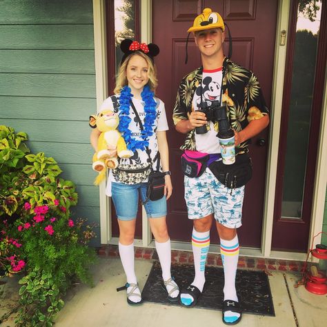 Tacky Tourist Costume Tourist Dress Up Day, Tacky Tourist Costume, Bad Taste Outfit, Tourist Halloween Costume, Tacky Day, Tourist Costume, Tacky Tourist, Halloween Costume Disney, Easy Couple Halloween Costumes