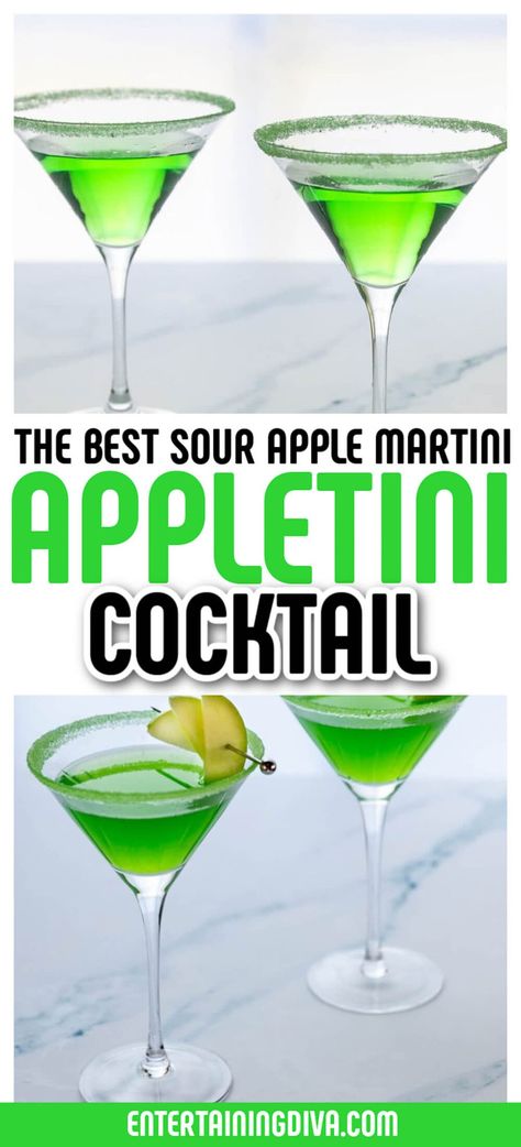 These sour apple martinis are the best! Made with apple pucker and vodka, they're refreshing and tasty. Appletinis are the perfect summer cocktail recipe. Apple Tini Recipe, Apple Martini Recipe Vodka, Apple Drinks Alcohol, Green Apple Martini Recipe, Apple Pucker Drinks, Green Apple Cocktails, Apple Martinis, Sour Apple Martini, Appletini Recipe