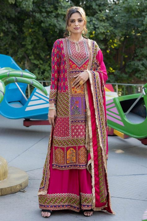 Irrau by Samir Mantri multi color embroidered kurta sharara set Flared Sharara, Cotton Anarkali Suits, Girls Kurti, Women Salwar Suit, Wedding Salwar Kameez, Kurta Sharara Set, Kurta Sharara, Cotton Anarkali, Printed Dupatta