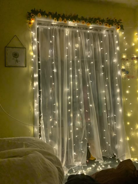 Obsessed with my room! Sunflowers are everything! Loving how i decorated my closet. White curtains and twinkle light curtains both from amazon! Aesthetic Closet Curtains, Closet Door Ideas Curtain With Lights, Closet With Curtains Bedroom, Curtain On Closet Door, Closet Curtains Aesthetic, Curtains On Closet Doors, Light Up Curtains, Closet Curtains Ideas, Closet With Curtains For Doors Aesthetic