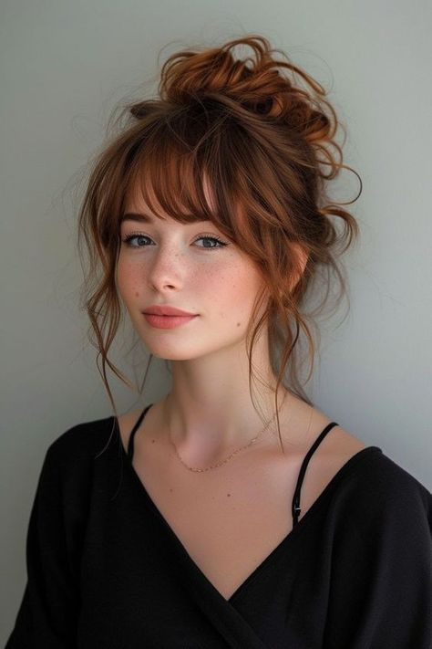 Updos With Wispy Bangs, Framed Face Bangs, Wispy Bangs Updo Hairstyles, Hair Styles Framed Face, Face Framing Hairstyles Updo, Bangs And Face Shape, Soft Bangs With Layers, Bangs For An Oval Face, Face Framing Red Hair