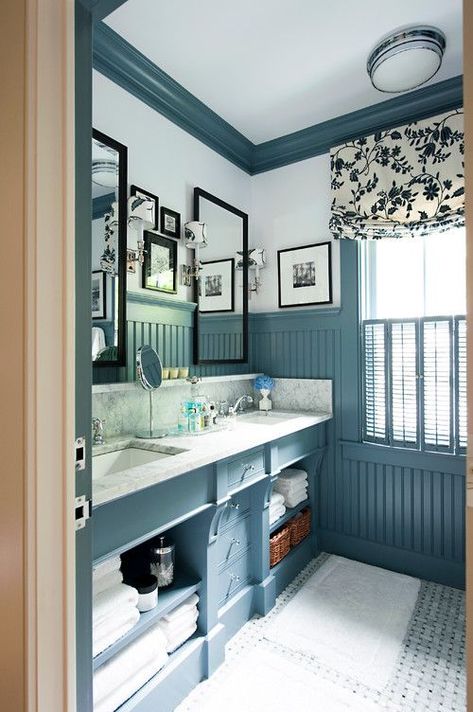 Bathroom with Blue Painted Bead Board #bathroom #bathroomideas #bathroomdecor #beadboard Beadboard Bathroom, Beadboard Paneling, Bead Board, New Toilet, Diy Bathroom Remodel, Trendy Bathroom, Blue Bathroom, Diy Remodel, Traditional Bathroom