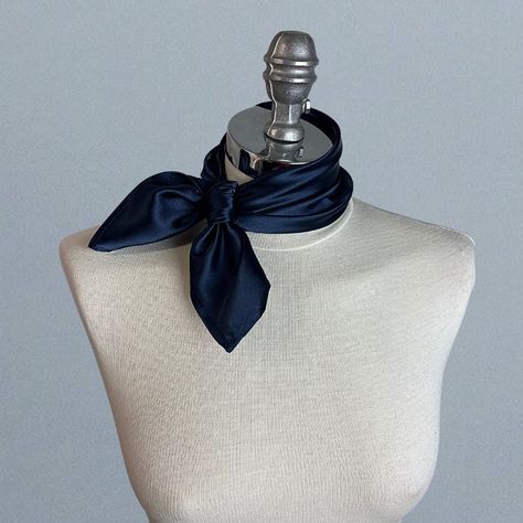 Simple and elegant neck scarf. Made of soft satin.  Color: navy blue (other colors are available) Size: 50 x 50 cm We have matching bags and other accessories in our Etsy Shop! We accept credit cards! Blue Neck Scarf, Satin Neck Scarf Outfit, Sailor Scarf, Handkerchief Neck Scarf, 1940s Scarf, Scarf Around Neck, Satin Neck Scarf, Neck Tie Women, Scarf Neck Tie