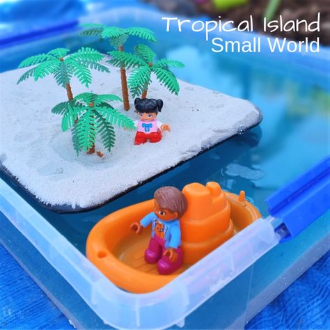 Tropical Island Small World and Sensory Bin for Kids Water Sensory Activities, Frozen Painting, Sensory Tubs, Jellyfish Craft, Sensory Activities Toddlers, Sensory Tools, Sensory Boxes, Theme Activity, Toddlers And Preschoolers