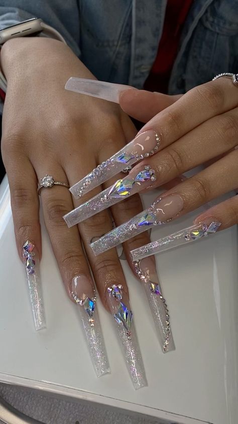 Super Long Nails, Big Nails, Xxl Nails, Marvel Nails, Clear Glitter Nails, Anniversary Nails, Xl Nails, Fye Nails, Acrylic Nail Designs Coffin