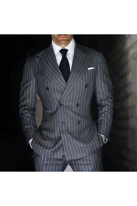 Striped Blazer Outfit, Double Breasted Pinstripe Suit, Double Breasted Suit Men, Grey Pinstripe Suit, Grey Suit Men, Dapper Outfit, Groom Tuxedo, Men Stylish Dress, Pinstripe Suit