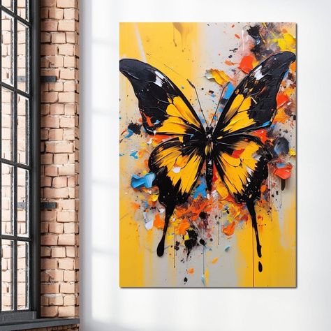 Paintings For Large Canvas, Butterfly Paintings On Canvas, Butterfly Paintings Easy, Oil Colored Art, Yellow Painting Ideas, Flower And Butterfly Painting, Butterfly Abstract Painting, Yellow Art Painting, Butterfly Painting Easy