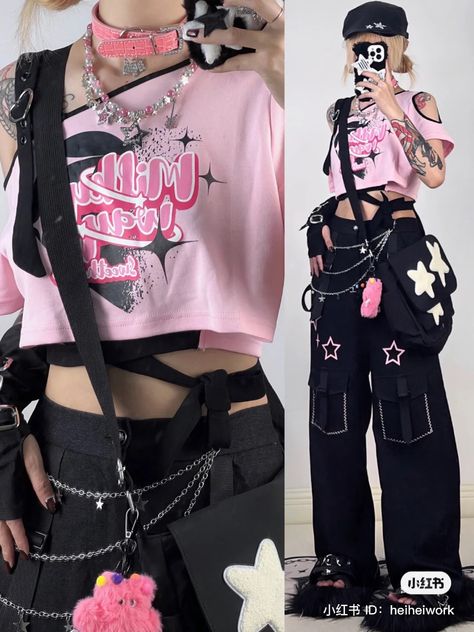 Outfit Edits Aesthetic, Revealing Punk Outfits, Pink Techwear Outfit, Chinese Goth Fashion, Gabriel O Hara Fanart, Aesthetic Punk Outfits, Pink Cybercore Outfits, Pink Punk Aesthetic Outfits, Hyperpop Clothes