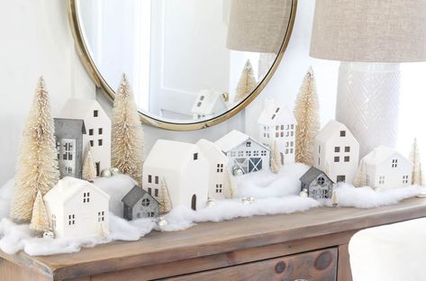 Christmas Village Vignette | Rooms FOR Rent Blog Tablescape Inspiration Winter, Christmas White Houses Village, Mantle Village Display, White House Christmas Village, White House Village Christmas, Christmas Village Display On Mantel, Mantel Christmas Village, White Village Christmas Houses Mantle, All White Christmas Village Display