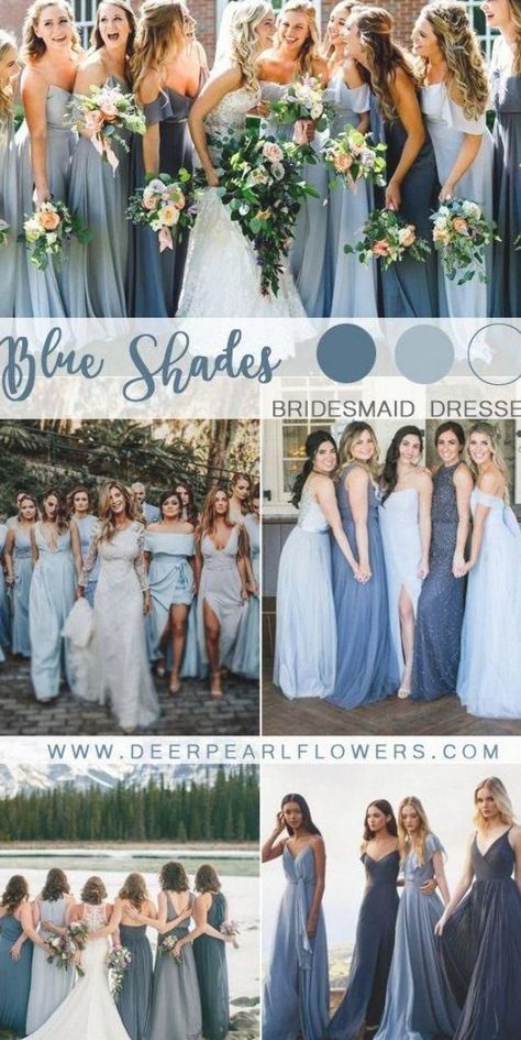 Mixed Blue Bridesmaid Dresses, Shades Of Blue Wedding, Wedding Color Ideas, Wedding Bridesmaids Dresses Blue, Wedding Color Trends, Mismatched Bridesmaids, Mismatched Bridesmaid Dresses, Wedding Colors Blue, Dusty Blue Weddings